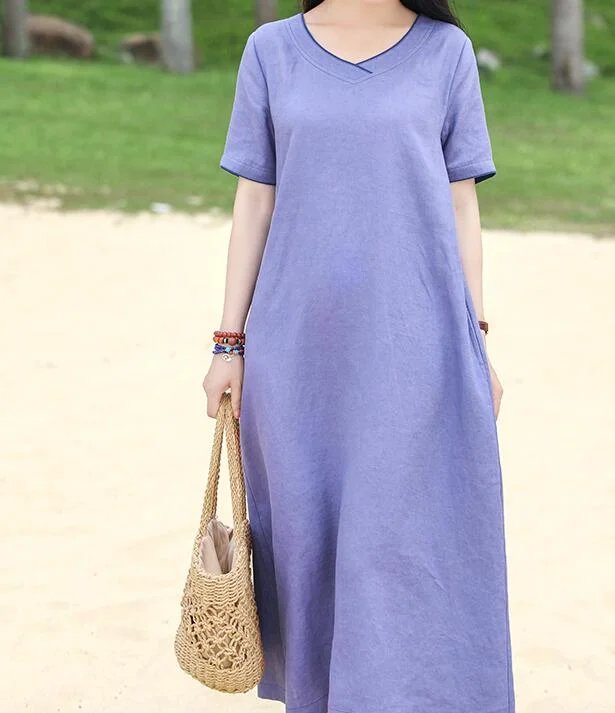 Purple V Neck Women Dresses Ramie Casual Spring Linen Women Dresses MN97215 Festival unclassified dresses