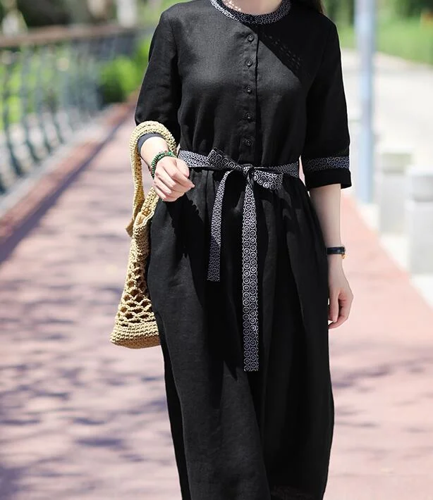 Black Women Dresses Ramie Casual Spring Linen Women Dresses Half Sleeve SSM97215 Earthy tone unclassified dresses