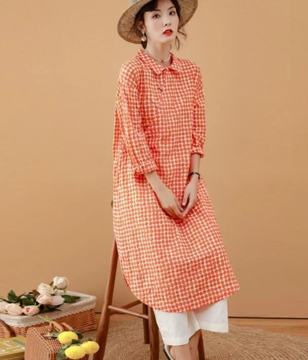 Red Checked Women Dresses Ramie Casual Spring Linen Women Dresses MN97215 Pastel unclassified dresses