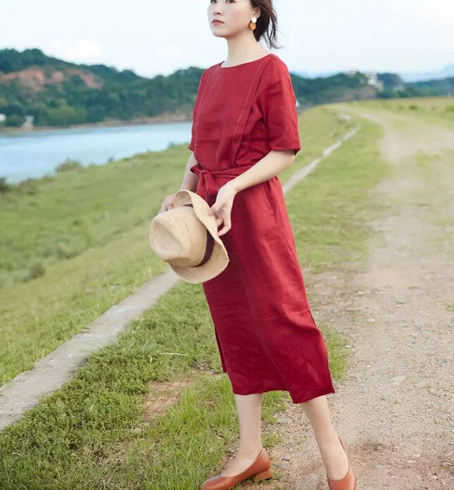 Slit Red Linen Women Dress O Neck Half Sleeve Women Linen Dresses S90921 Chiffon unclassified dresses