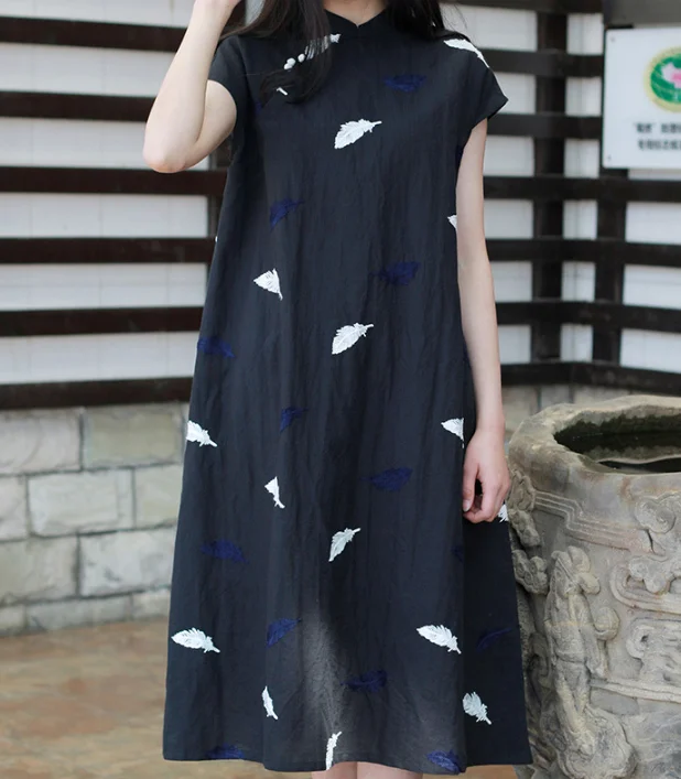 Embroidery Feather Linen O Neck Women Dress Fashionable unclassified dresses