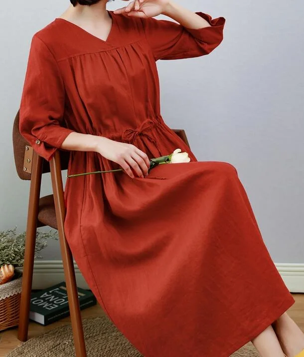 Red Women Dresses Ramie Casual Spring Linen Women Dresses MN97215 Best-selling unclassified dresses