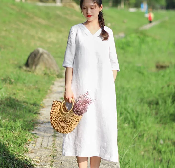 White Pleated Neck Women Dresses Casual Summer Linen Women Dresses Half Sleeve SSM97215 Sequin unclassified dresses