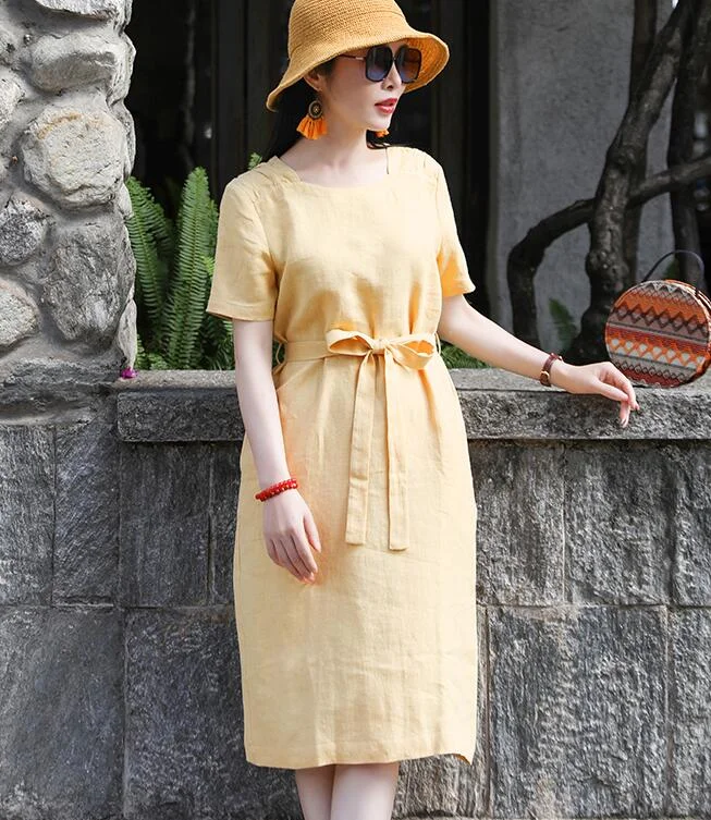 Yellow Women Dresses Ramie Casual Spring Linen Women Dresses SSM97215 Smocked unclassified dresses