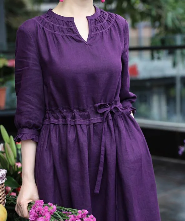 Waist Line Purple  Linen Spring Dresses Discounted unclassified dresses