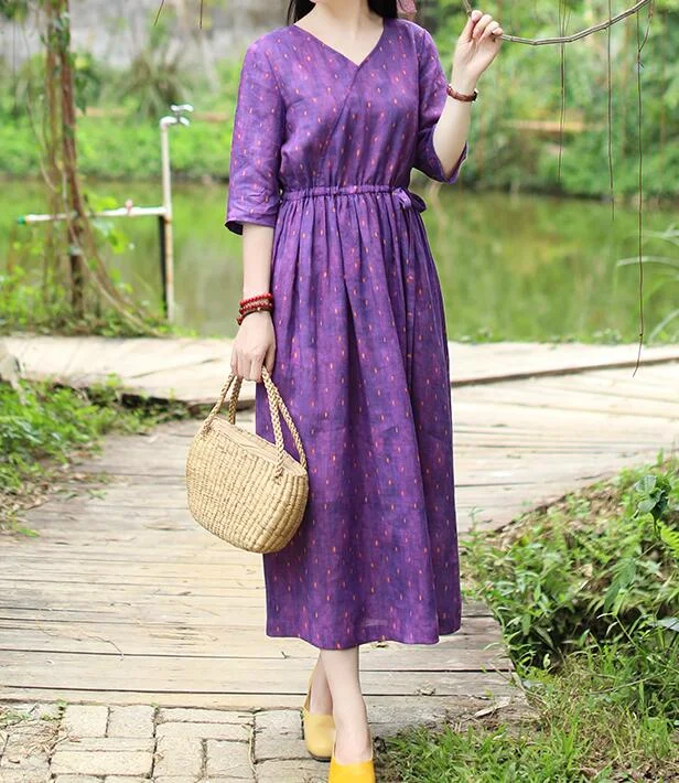 Purple Patchwork Women Dresses Ramie Casual Spring Linen Women Dresses Half Sleeve SSM97215 Unique unclassified dresses