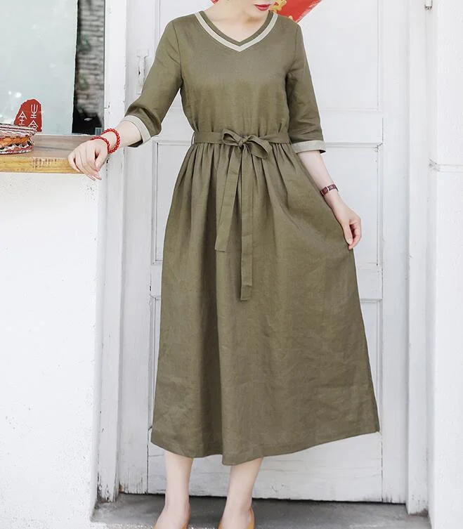 Army Green  Women Dresses Ramie Casual Spring Linen Women Dresses SSM97215 Ruffled unclassified dresses