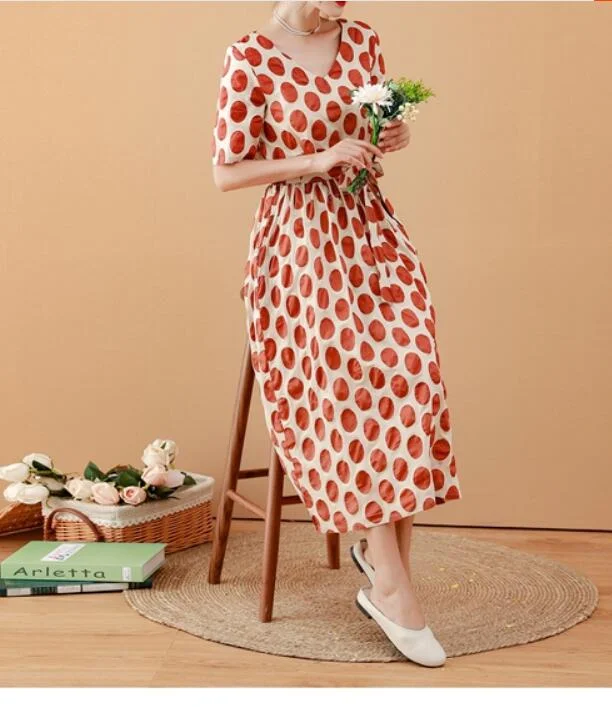 Large Dot Women Dresses Ramie Casual Spring Linen Women Dresses MN97215 Color block unclassified dresses