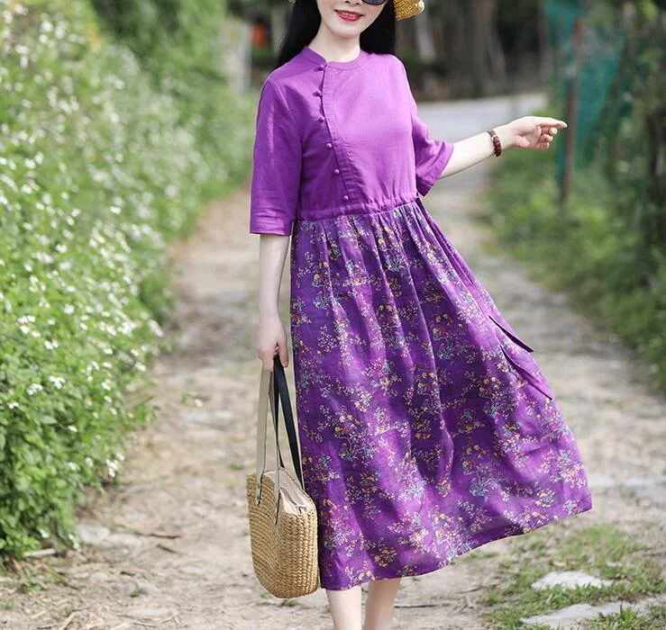 Purple Patchwork Women Dresses Casual Spring Linen Women Dresses Half Sleeve SSM97215 Comfortable unclassified dresses