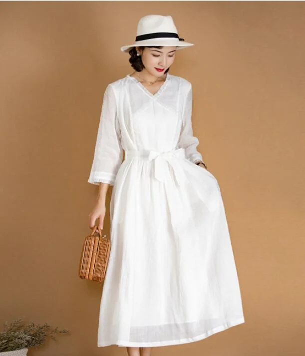 White Women Dresses Ramie Casual Spring Linen Women Dresses MN97215 Designer unclassified dresses