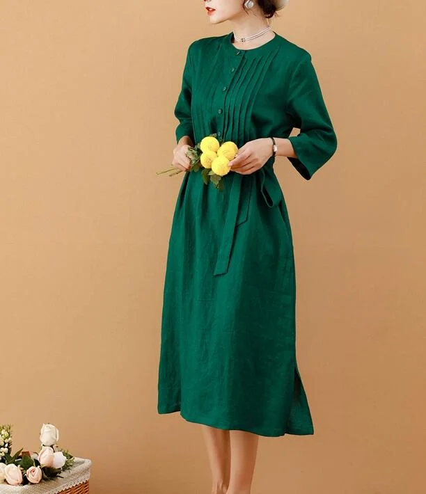 Green Women Dresses Ramie Casual Spring Linen Women Dresses MN97215 Soft fabric unclassified dresses