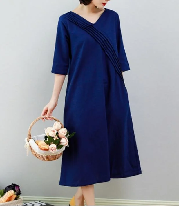 Navy Blue Women Dresses Ramie Casual Spring Linen Women Dresses MN97215 Trendy unclassified dresses