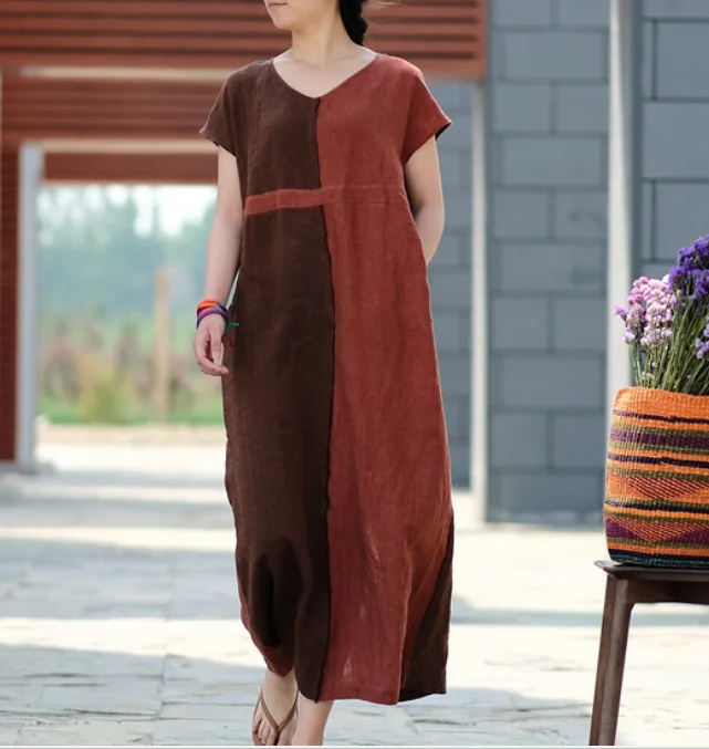 Contrast Color Linen High Waist Summer Women Dress SJ9201229 Breathable unclassified dresses