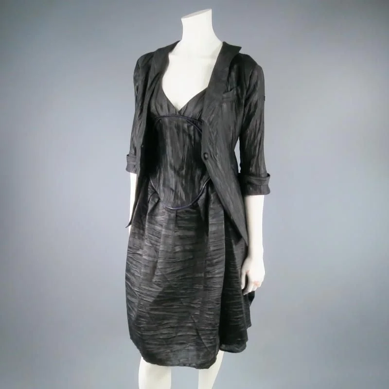 COSA NOSTRA by Jeffrey Sebelia Size M Black Textured Silk Blend Jacket & Dress Set Striped unclassified dresses