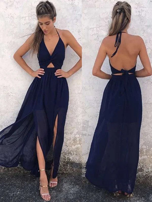 Custom Made Halter Backless Navy Blue Prom Dresses, Backless Navy Blue Formal Dresses Earthy tone unclassified dresses