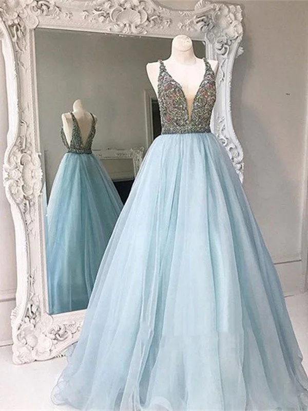 Custom Made Light Blue V Neck Open Back Prom Dresses, V Neck Formal Dresses Open-back unclassified dresses