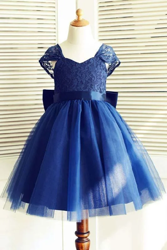 Cute Navy Blue Flower Girl Dress with Bow at Back Ruched unclassified dresses