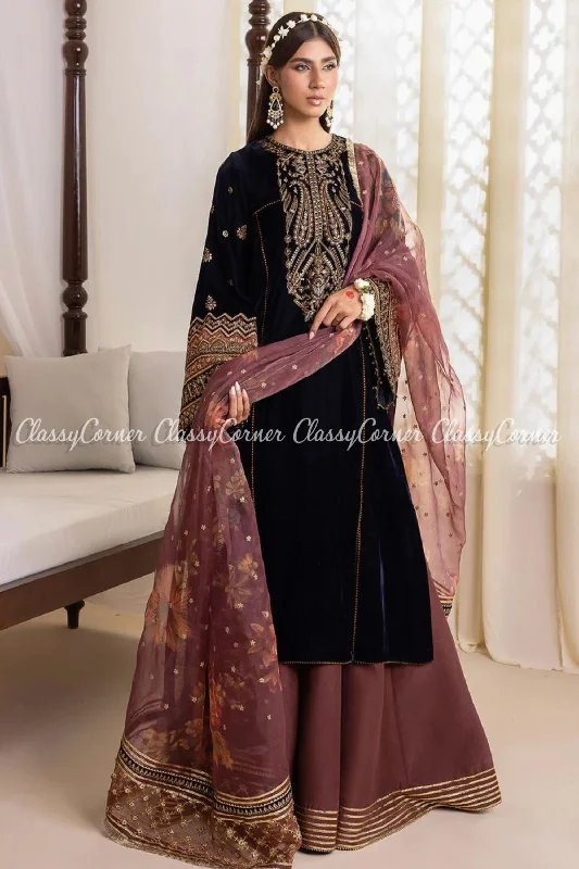 Dark Blue Pink Velvet Embroidered Pakistani Sharara Plus size unclassified dresses