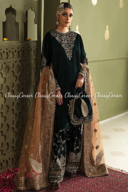 Dark Green Peach Velvet Embroidered Salwar Kameez Fall unclassified dresses