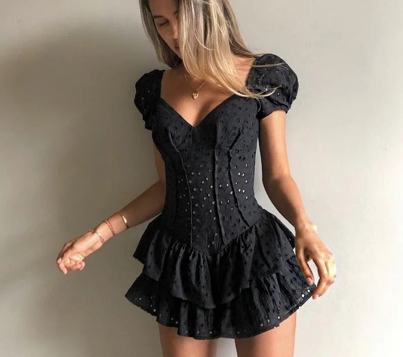 V Neck Ruffles Pleated Dress Women Puff Sleeve Chic Ruffled unclassified dresses