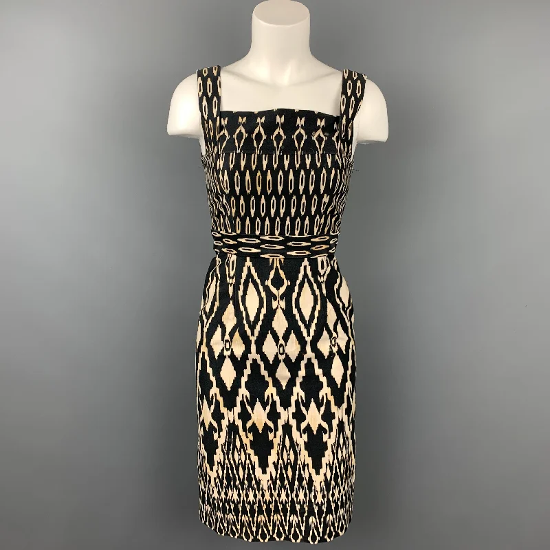 DAVID MEISTER Size 2 Black & Beige Ikat Cotton Sleeveless Dress Metallic unclassified dresses