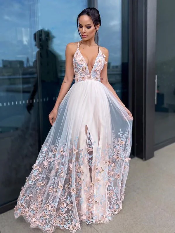 Deep V-neck Floral Long A-line Prom Dresses, Lovely Colorful Prom Dresses, 2021 Prom Dresses Forever 21 floral dresses