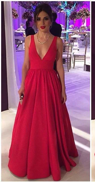 Elegant A-line V-neckline Red Satin Evening Dress Breathable unclassified dresses