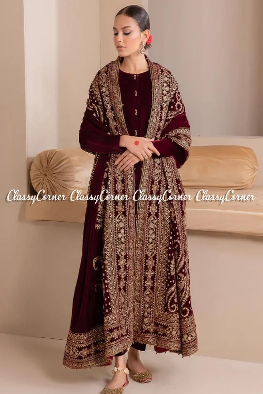 Elegant Maroon Red Golden Velvet Embroidered Shawl Soft fabric unclassified dresses