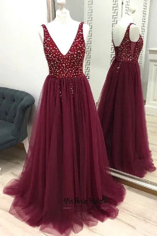 Elegant V-neckline Burgundy Beaded Prom Dress Polka dot unclassified dresses