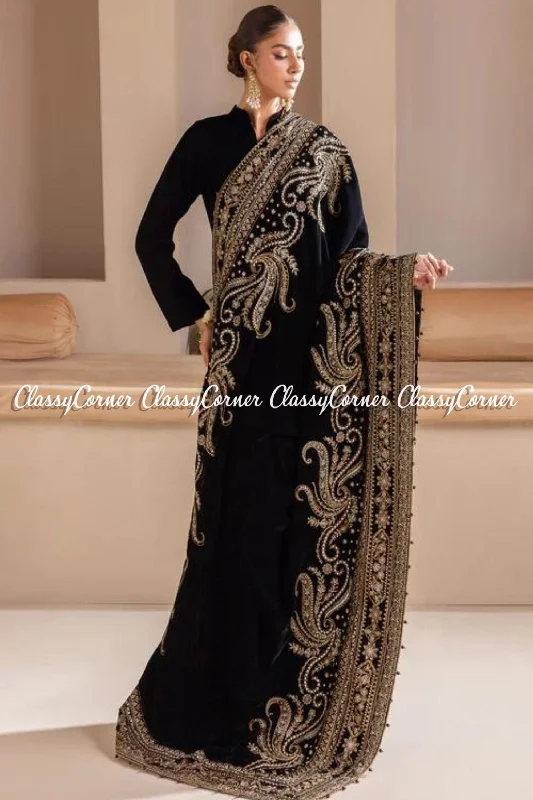 Exclusive Black Golden Velvet Embroidered Pakistani Shawl Pastel unclassified dresses