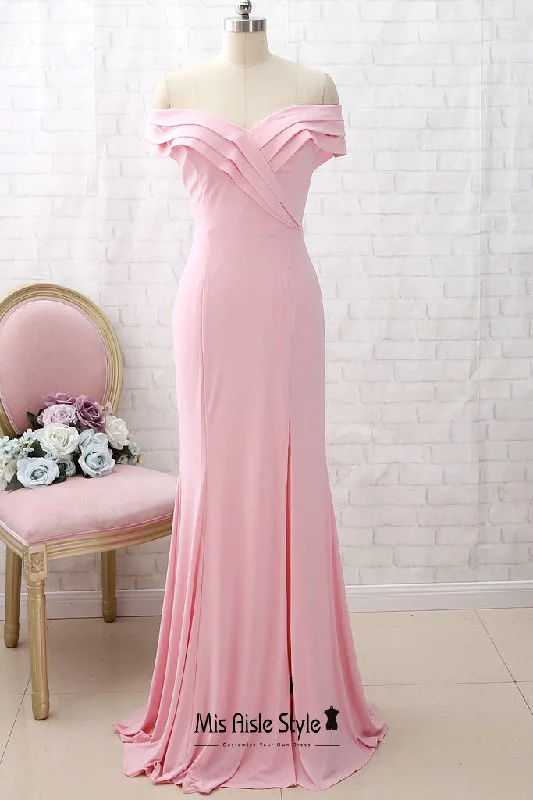 Fit and Flare Off Shoulder Sleeve Pink Prom Dress Stretchy unclassified dresses