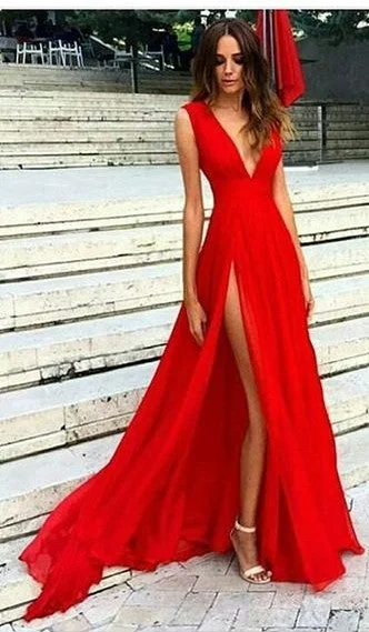 Floor Length Sexy Split V-neck Red Evening Dress Open-back unclassified dresses