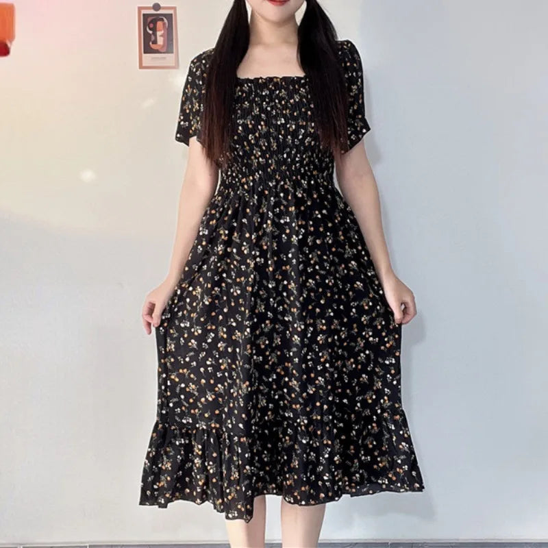 Floral Chiffon Dress Women Casual Elastic Waist Short Sleeve Date night floral dresses