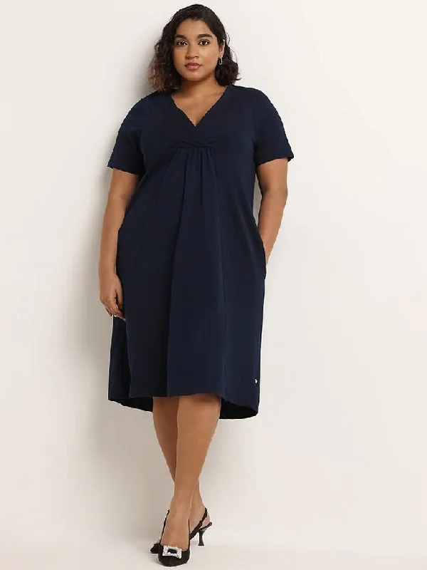 Gia Navy Solid Cotton A-Line Dress Open-back unclassified dresses