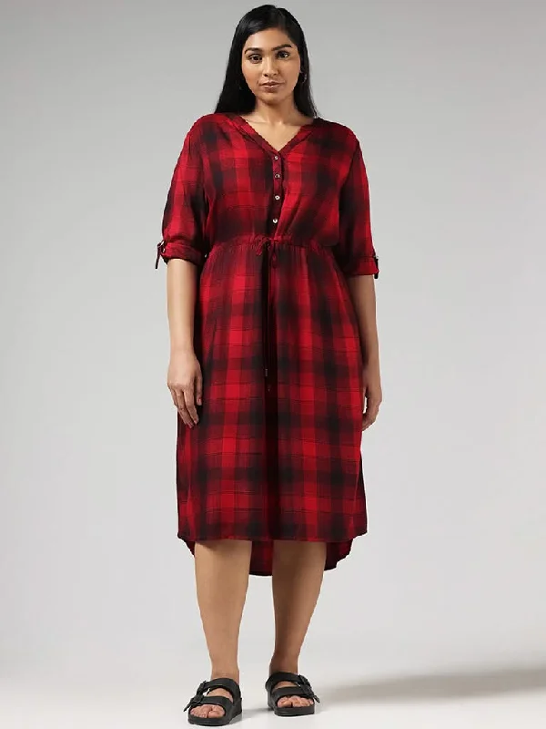 Gia Red Checked High-Low Dress Off-shoulder unclassified dresses