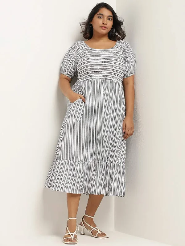 Gia White Striped Cotton A-Line Dress Anniversary unclassified dresses