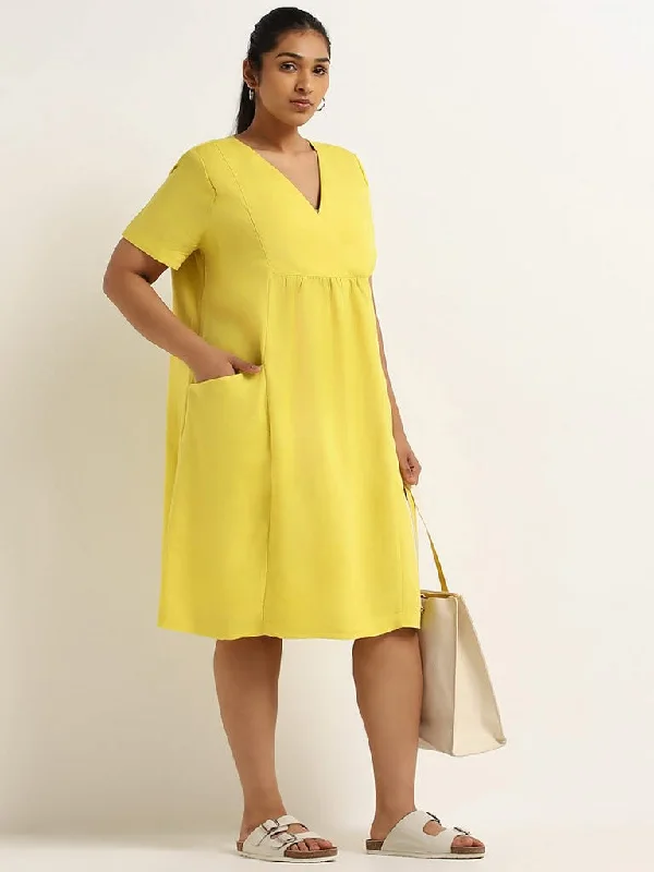 Gia Yellow Knee-Length Blended Linen A-Line Dress Cotton unclassified dresses