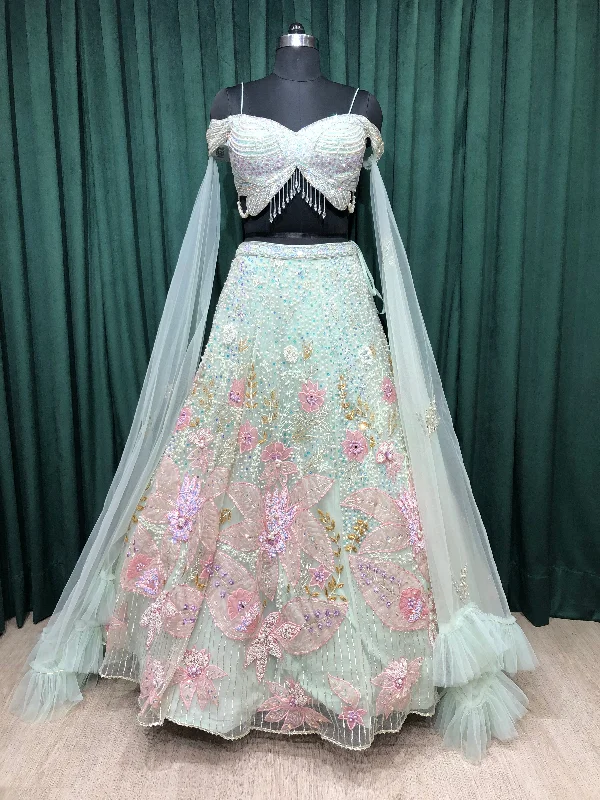 Pista Green Net Lehenga With Pearl Work and PatchWork Beach unclassified dresses