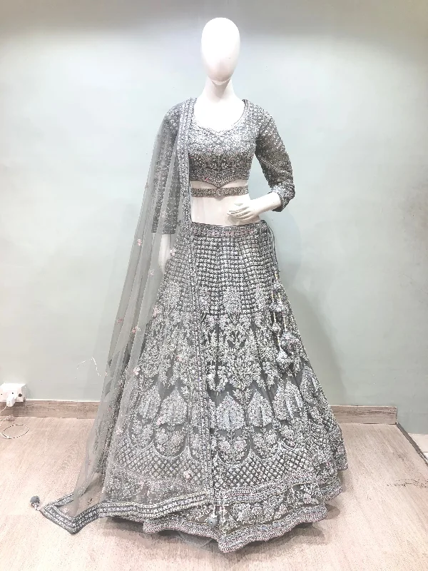 Gray Net Lehenga With Multi Dori And Mirror work Color block unclassified dresses