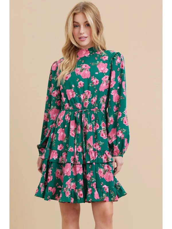 Green Flower Print Dress with Mock Neck Vacation floral dresses