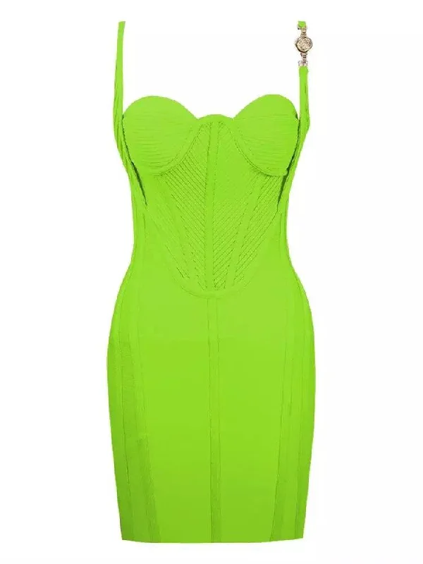 Green Gold Trim Knitted Bandage Dress Off-shoulder unclassified dresses