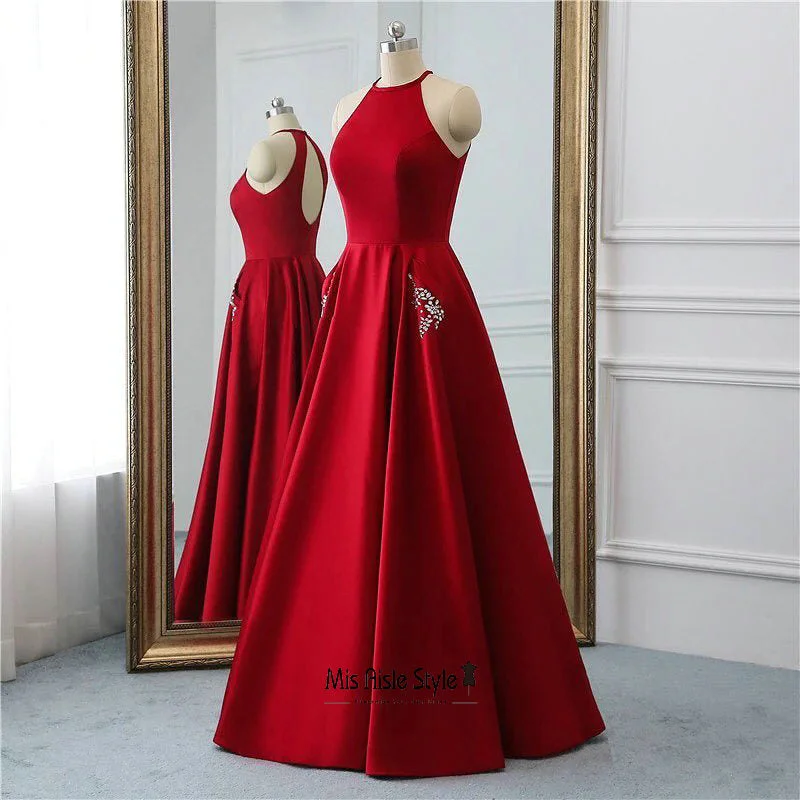 Halter Neckline Deep Red Prom Dress Bright color unclassified dresses