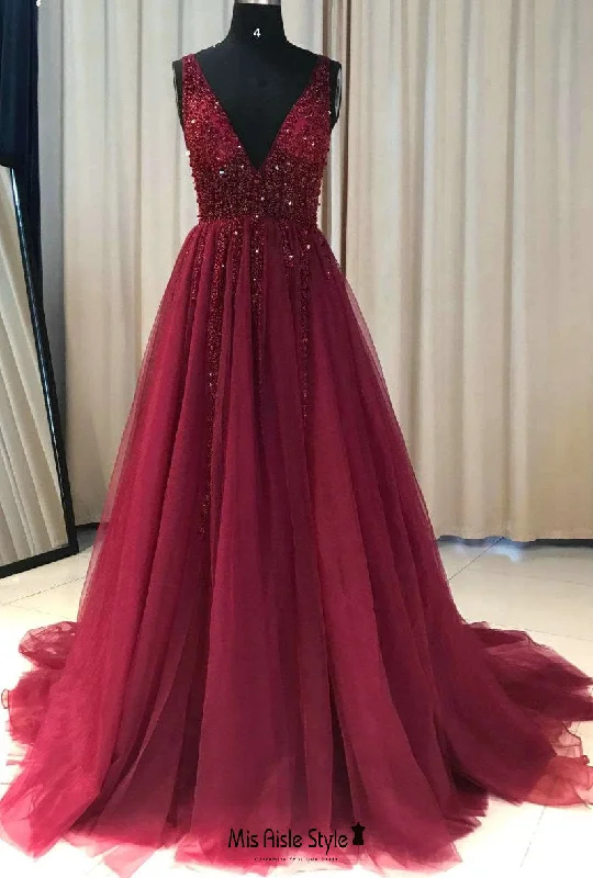 Handmade Beaded Burgundy V-back Prom Dress High-end unclassified dresses