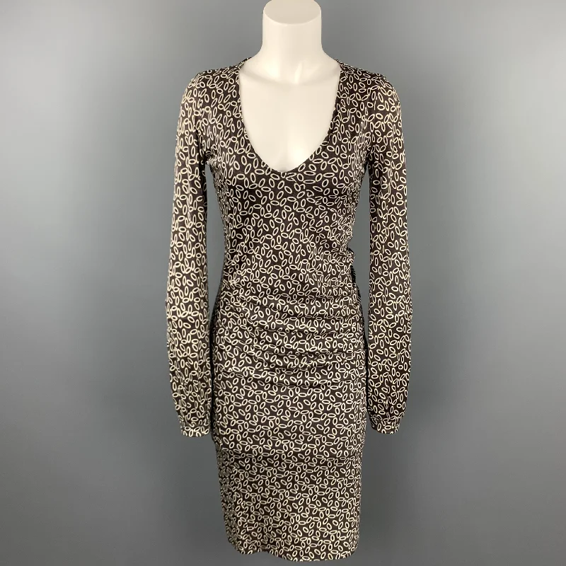 HERION Size 4 Taupe Jersey Dot Print Silk Scoop Neck Dress Tiered floral dresses