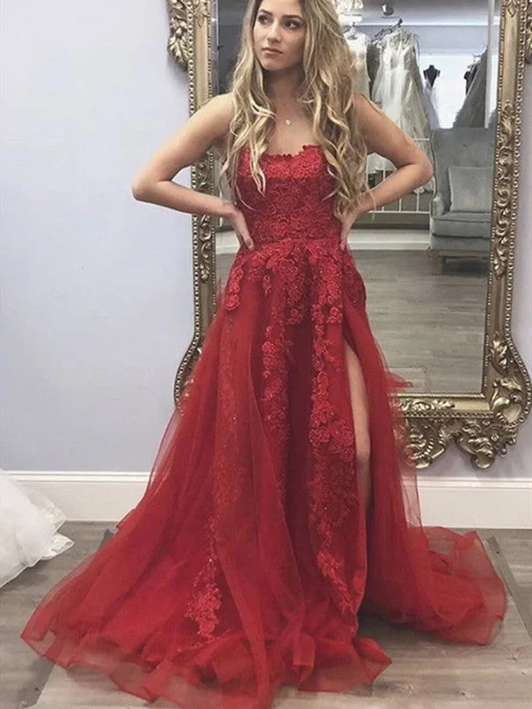 High Side Slit Burgundy Long Prom Dresses, Lace Floral A-line 2021 Prom Dresses Garden party floral dresses