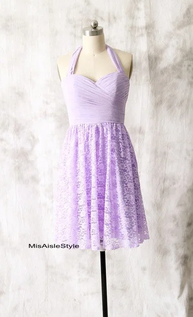 Knee Length Halter Neckline Lilac Bridesmaid Dress Embroidered unclassified dresses