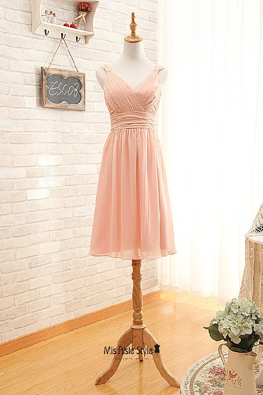 Knee Length V-neck Blush Bridesmaid Dress Ruffled unclassified dresses