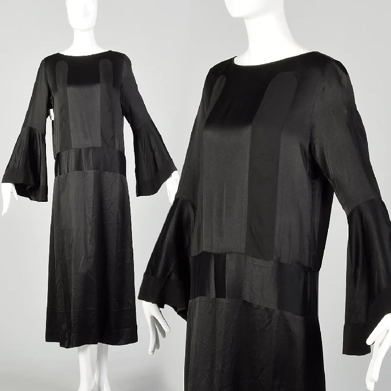 Large 1920s Silk Dress Black on Black Art Deco Trumpet Bell Sleeve Evening Gown Travel unclassified dresses