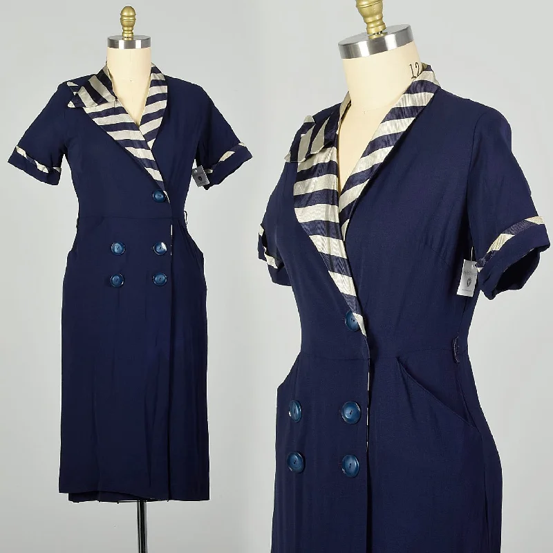 Large 1950s Asymmetric Dress Navy Striped Collar Day Dress Summer Casual Knitted unclassified dresses