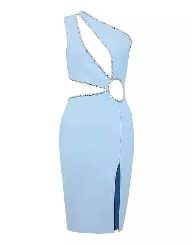 Light Blue Asymmetrical Cutout Crystallized Dress Short unclassified dresses